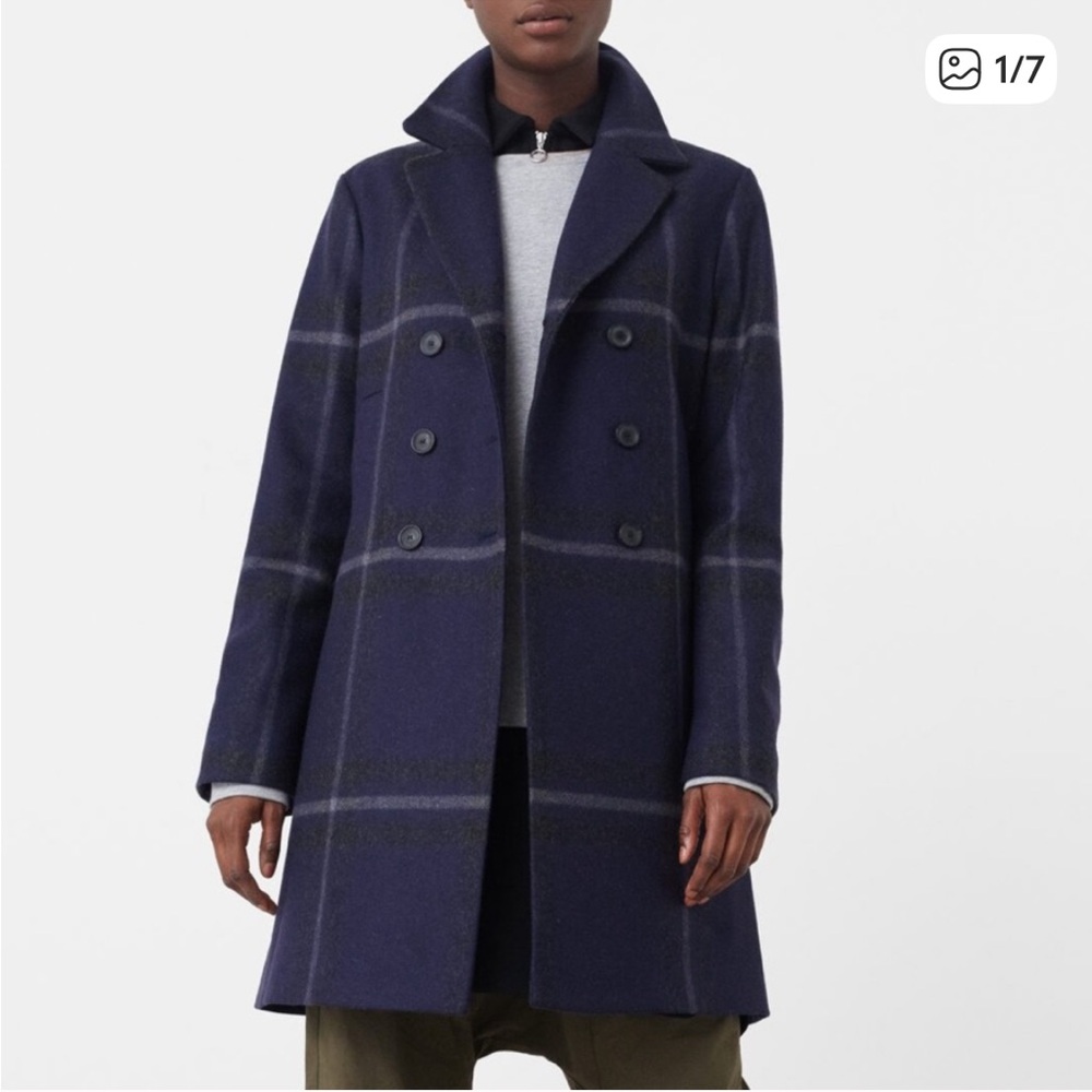 Nwot Xxs Mango Navy Checked Wool-Blend Coat